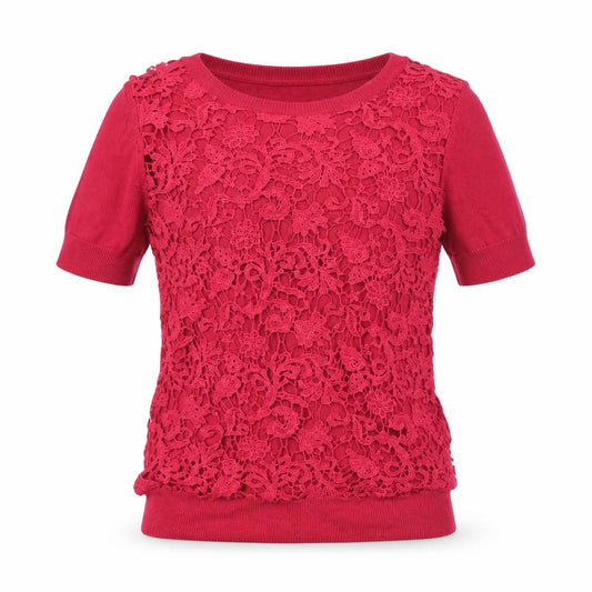 Front view of French Connection Women's Red Lace Knit Short Sleeve Top, size S
