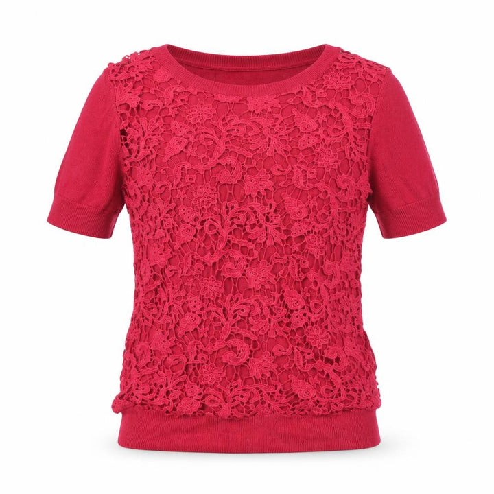 French Connection Women's Red Lace Knit Short Sleeve Top Size S