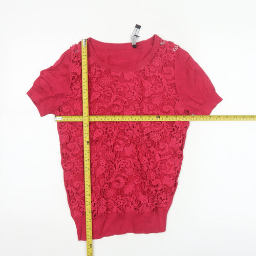 French Connection Women's Red Lace Knit Short Sleeve Top Size S