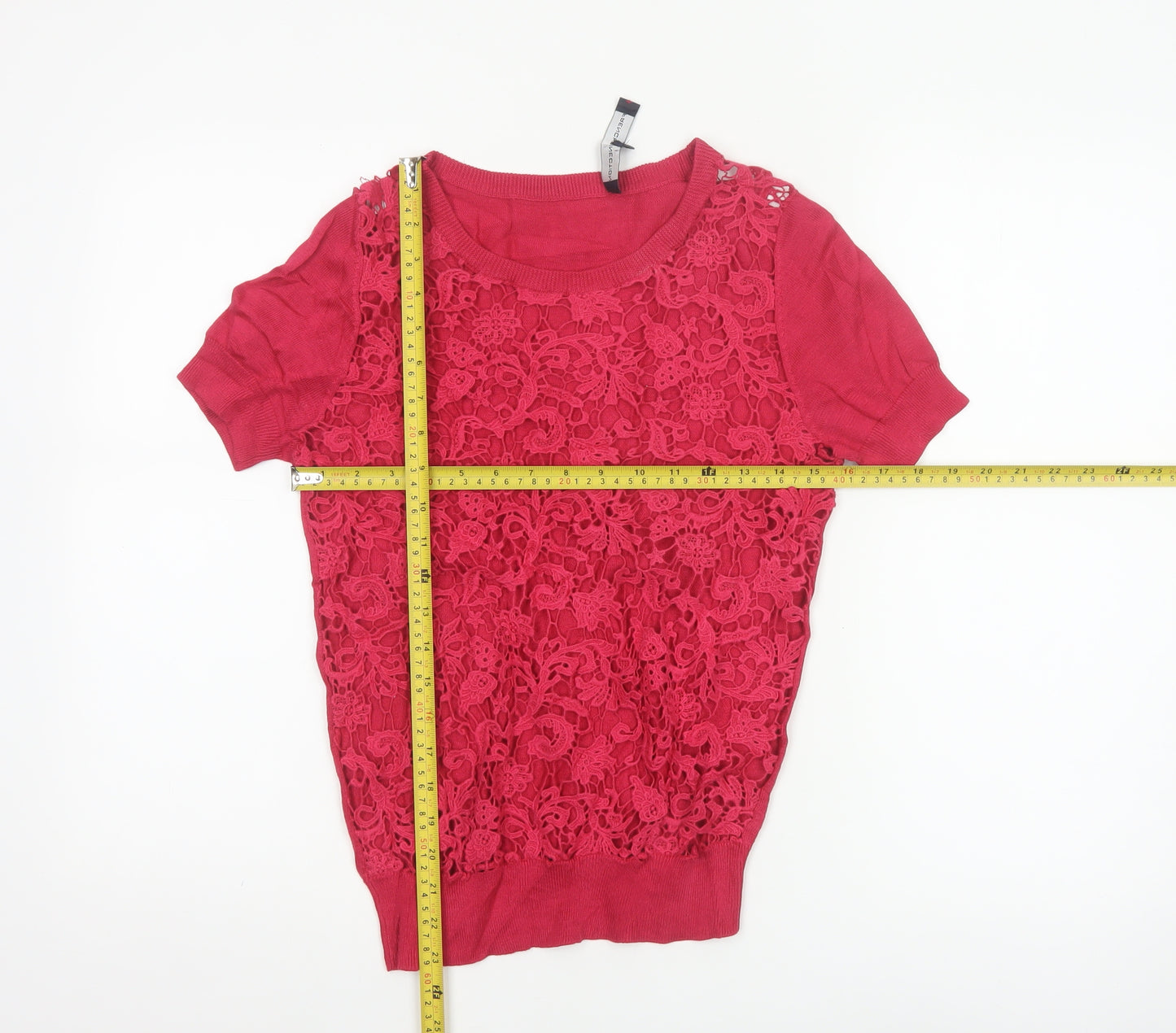 French Connection Women's Red Lace Knit Short Sleeve Top Size S