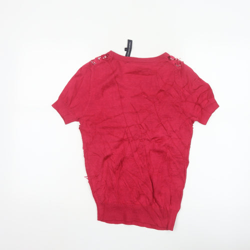 French Connection Women's Red Lace Knit Short Sleeve Top Size S