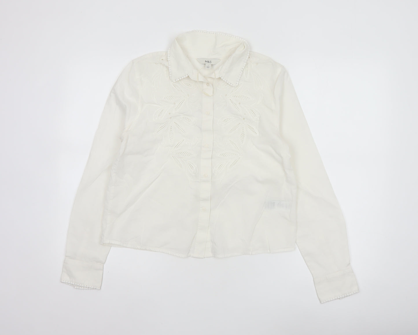 Marks and Spencer Womens White Embroidered Cotton Button-Up Blouse Size 6