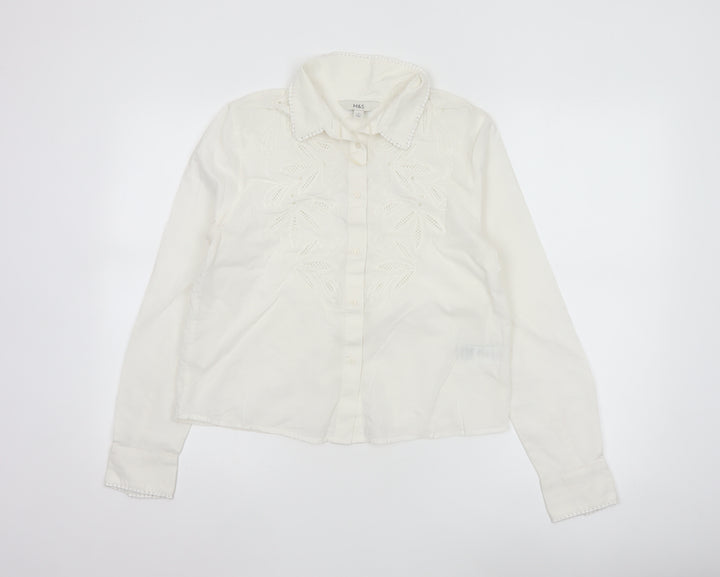 Marks and Spencer Womens White Embroidered Cotton Button-Up Blouse Size 6