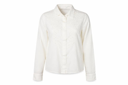 Front view of Marks & Spencer women’s white embroidered cotton button-up blouse, size UK 6