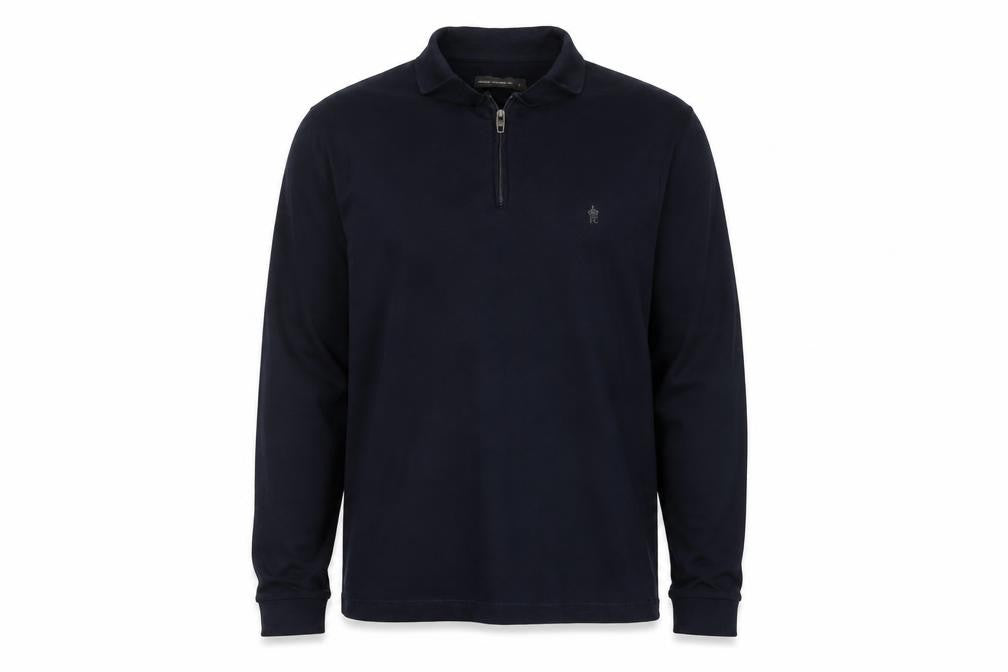 French Connection Men's Black Long Sleeve 1/4 Zip Cotton Polo L