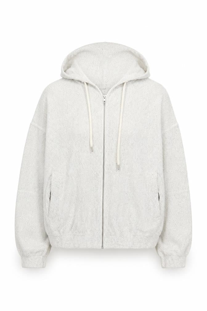 Front view of Light Before Dark women’s grey full zip hoodie, size L