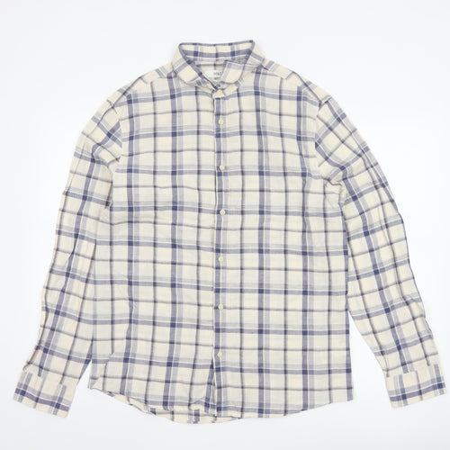 Marks and Spencer Men's Blue Check Linen Blend Regular Fit Shirt M