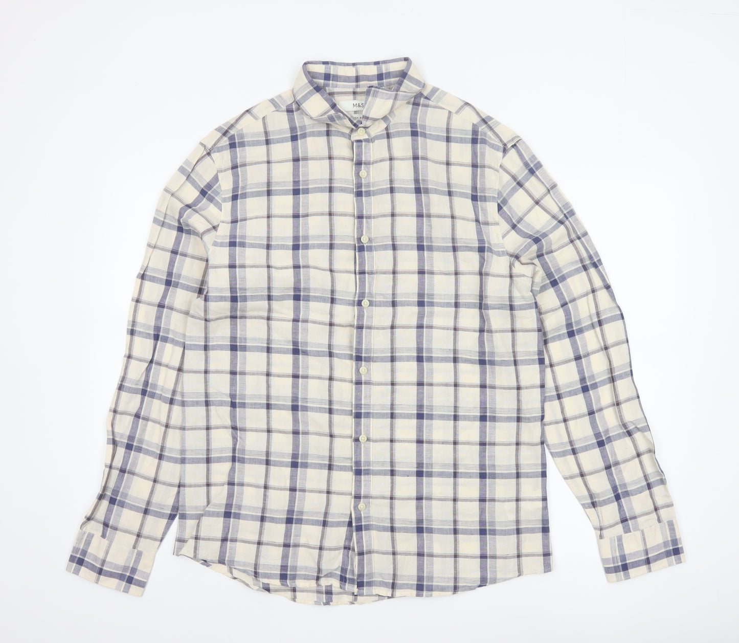 Marks and Spencer Men's Blue Check Linen Blend Regular Fit Shirt M