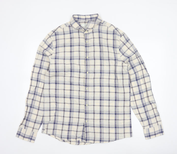 Marks and Spencer Men's Blue Check Linen Blend Regular Fit Shirt M