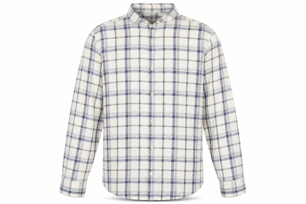 Front view of Marks & Spencer Men's Blue Check Linen Blend Regular Fit Shirt M