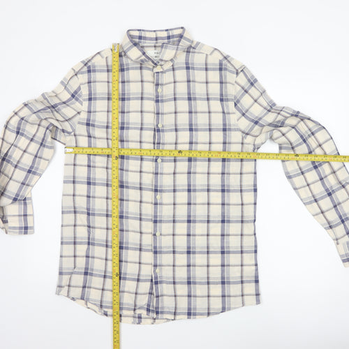 Marks and Spencer Men's Blue Check Linen Blend Regular Fit Shirt M