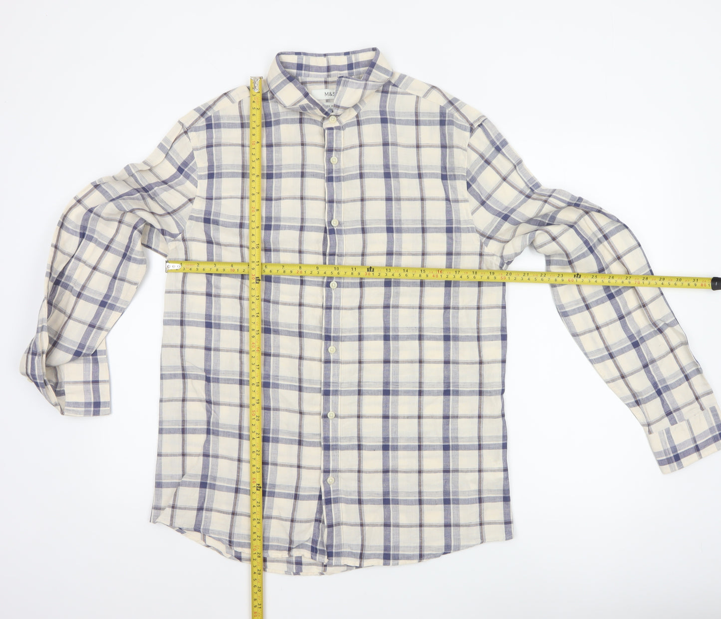 Marks and Spencer Men's Blue Check Linen Blend Regular Fit Shirt M