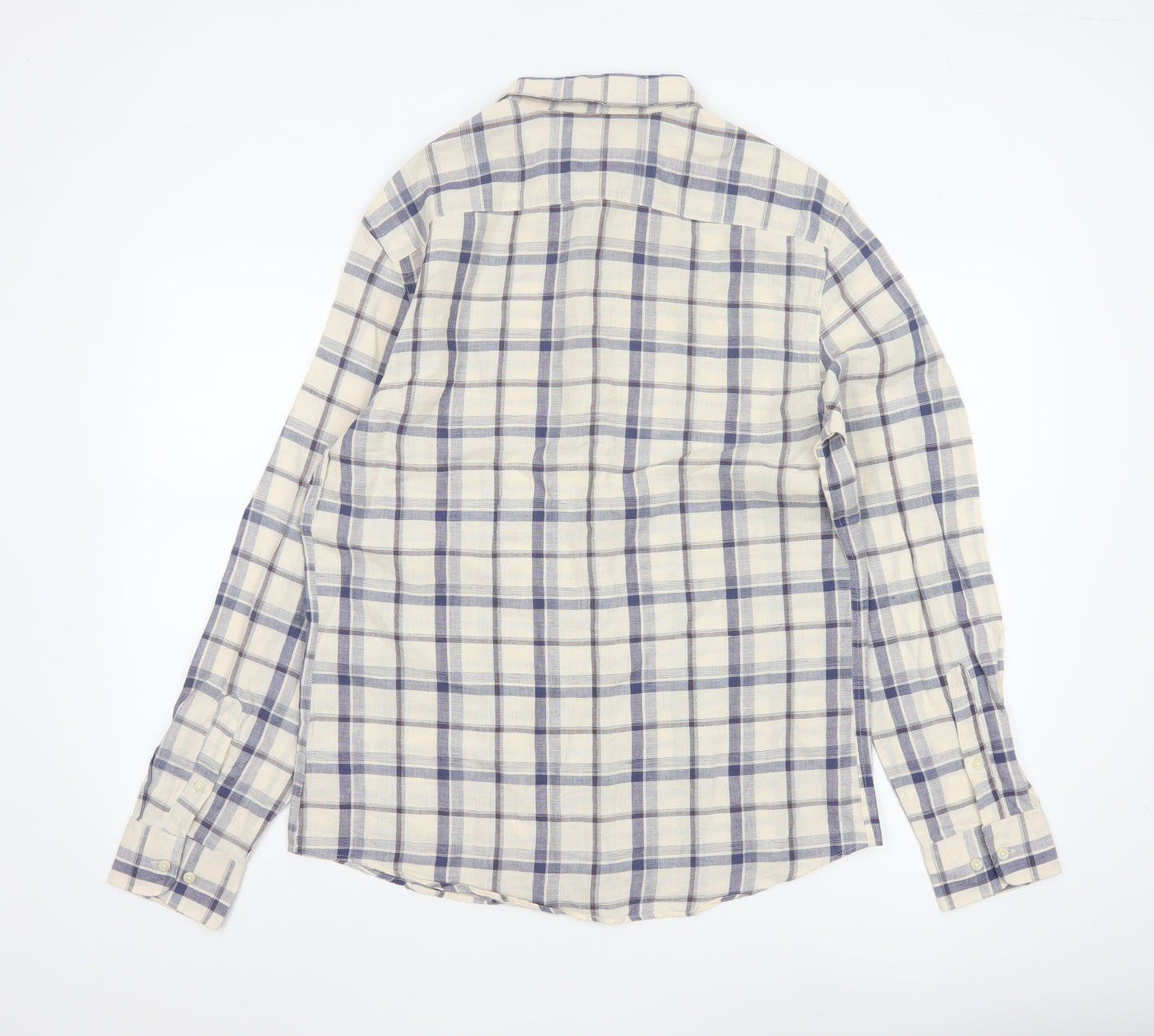 Marks and Spencer Men's Blue Check Linen Blend Regular Fit Shirt M