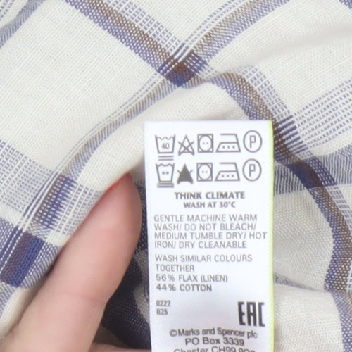 Marks and Spencer Men's Blue Check Linen Blend Regular Fit Shirt M
