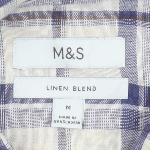 Marks and Spencer Men's Blue Check Linen Blend Regular Fit Shirt M