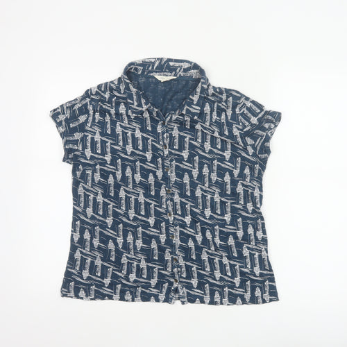 White Stuff Women's Navy Lighthouse Print Linen Button-Up Shirt UK 12