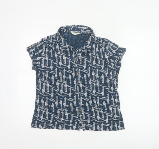 White Stuff Women's Navy Lighthouse Print Linen Button-Up Shirt UK 12