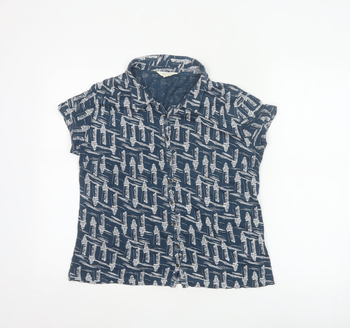 White Stuff Women's Navy Lighthouse Print Linen Button-Up Shirt UK 12