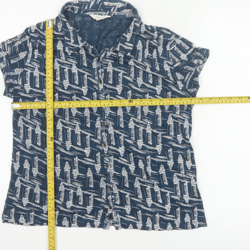 White Stuff Women's Navy Lighthouse Print Linen Button-Up Shirt UK 12