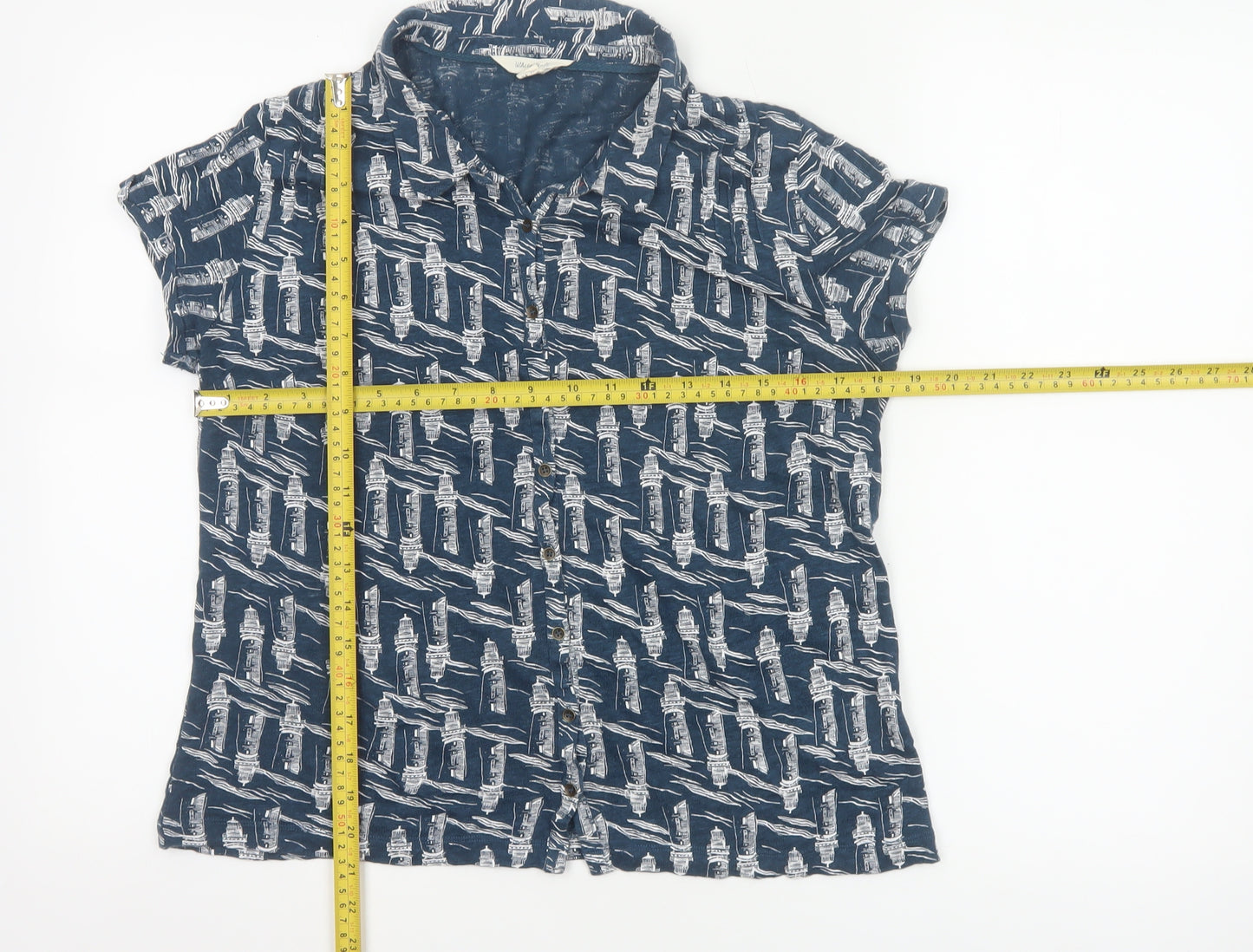 White Stuff Women's Navy Lighthouse Print Linen Button-Up Shirt UK 12