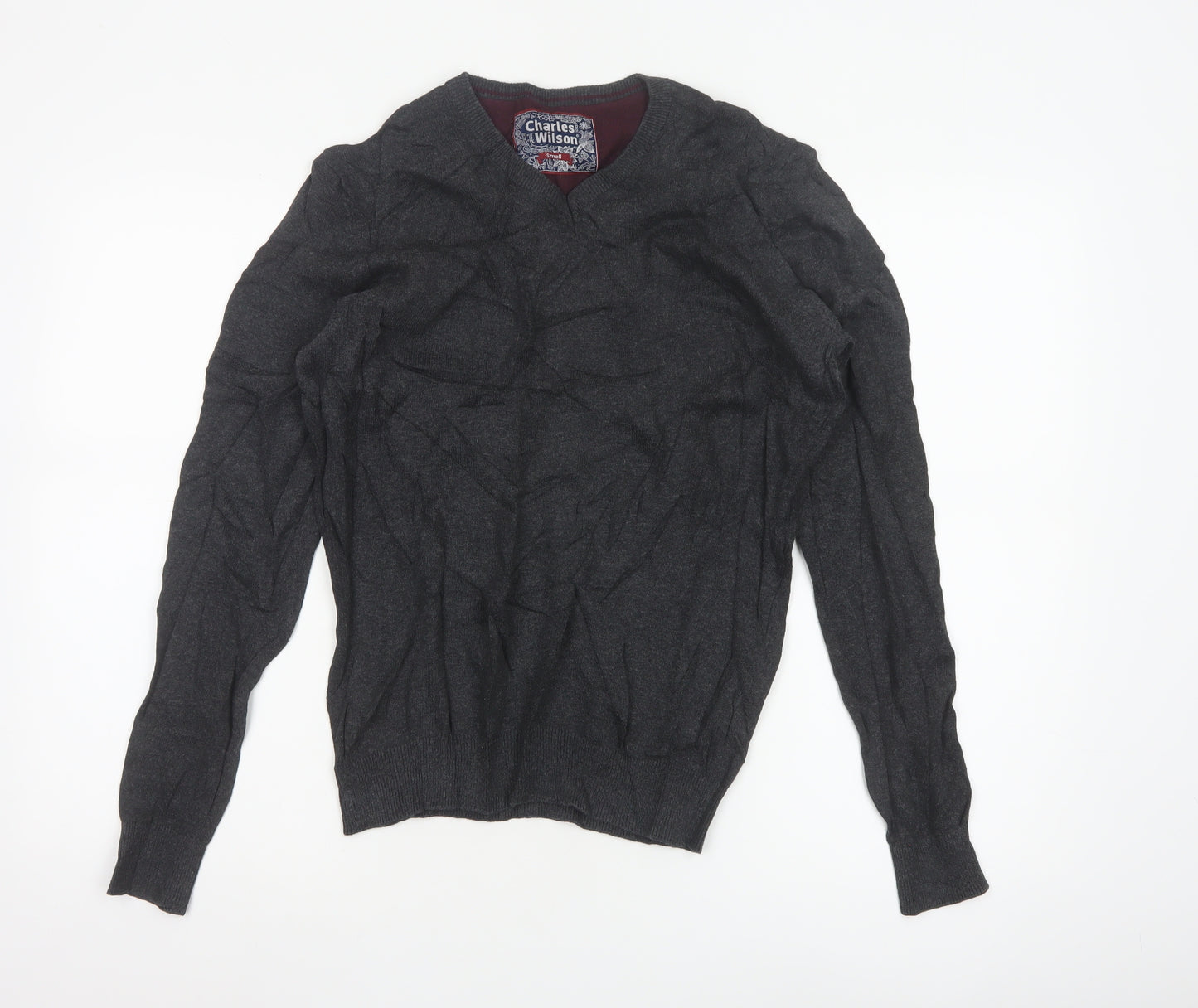 Charles Wilson Men's Grey Cotton V-Neck Jumper Small