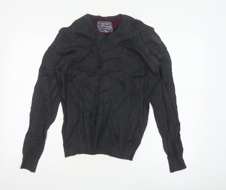 Charles Wilson Men's Grey Cotton V-Neck Jumper Small