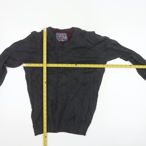 Charles Wilson Men's Grey Cotton V-Neck Jumper Small