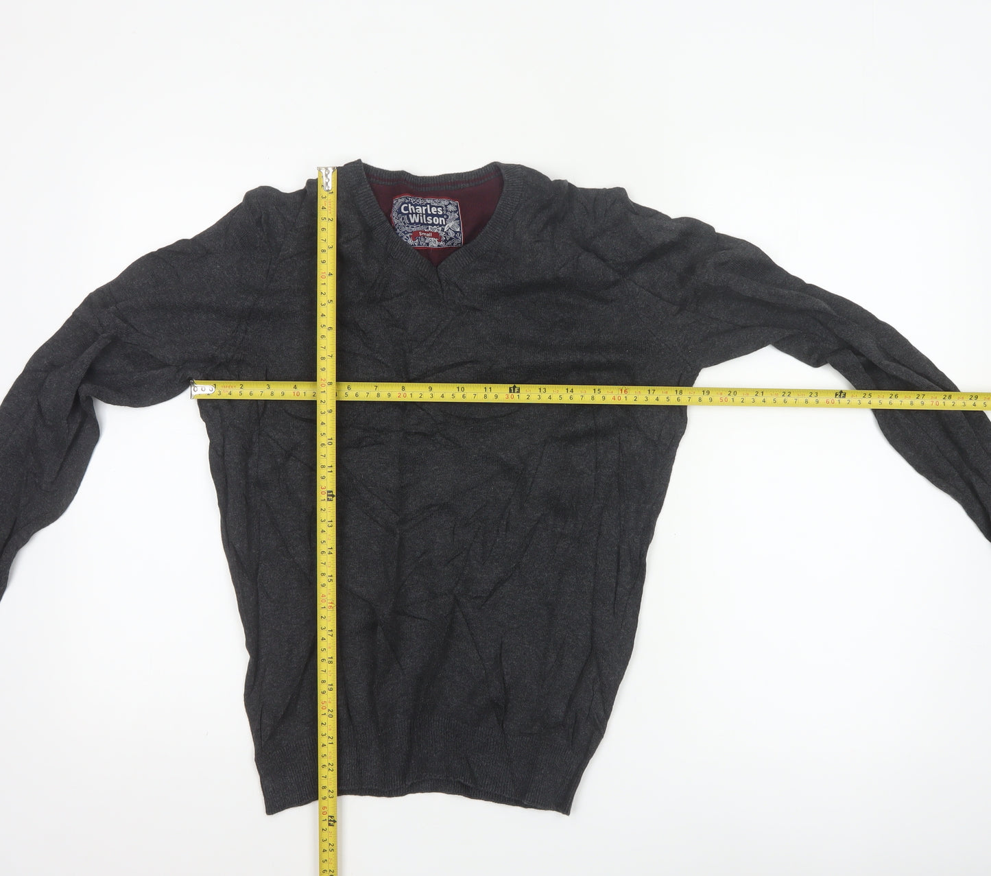 Charles Wilson Men's Grey Cotton V-Neck Jumper Small
