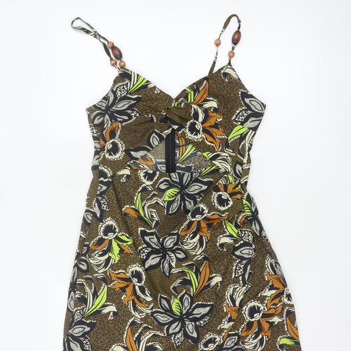 Zara Women Brown Floral Beaded Strap Slip Dress Size 12