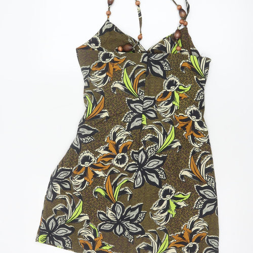 Zara Women Brown Floral Beaded Strap Slip Dress Size 12