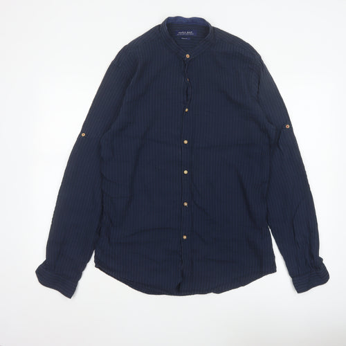 Zara Man Blue Slim Fit Band Collar Cotton Modal Shirt Size L
