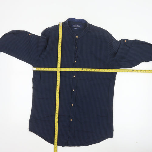Zara Man Blue Slim Fit Band Collar Cotton Modal Shirt Size L