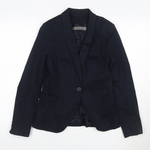 Zara Women Blue Cotton Blend One-Button Blazer Size 12