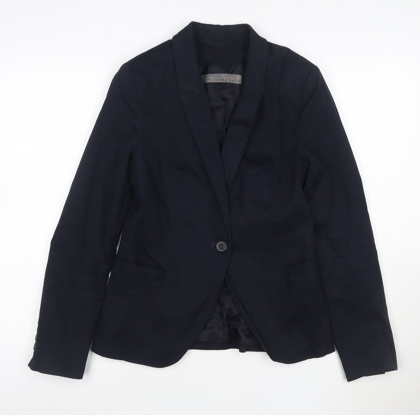 Zara Women Blue Cotton Blend One-Button Blazer Size 12