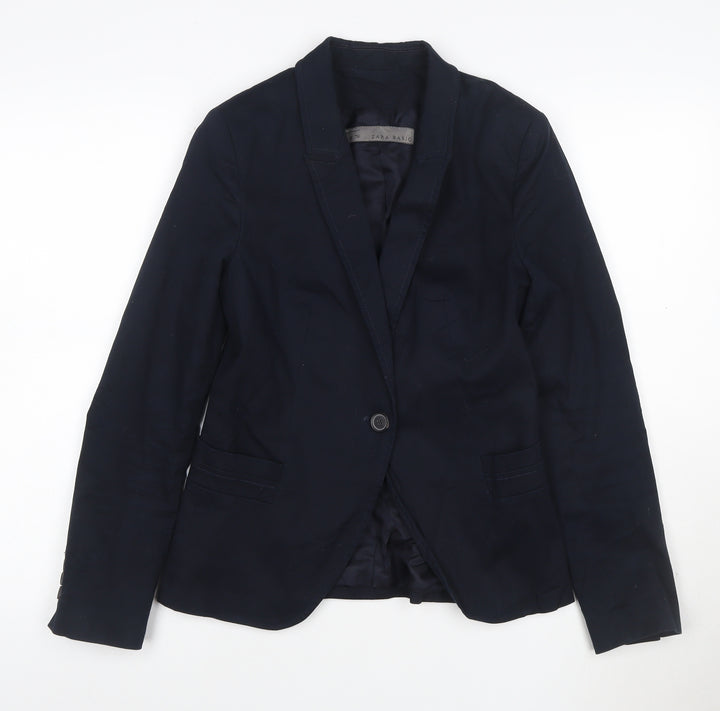 Zara Women Blue Cotton Blend One-Button Blazer Size 12
