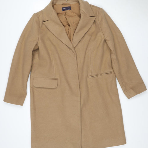 Marks and Spencer Women Beige Size 16 Long Coat Lined Wool Blend Classic Style