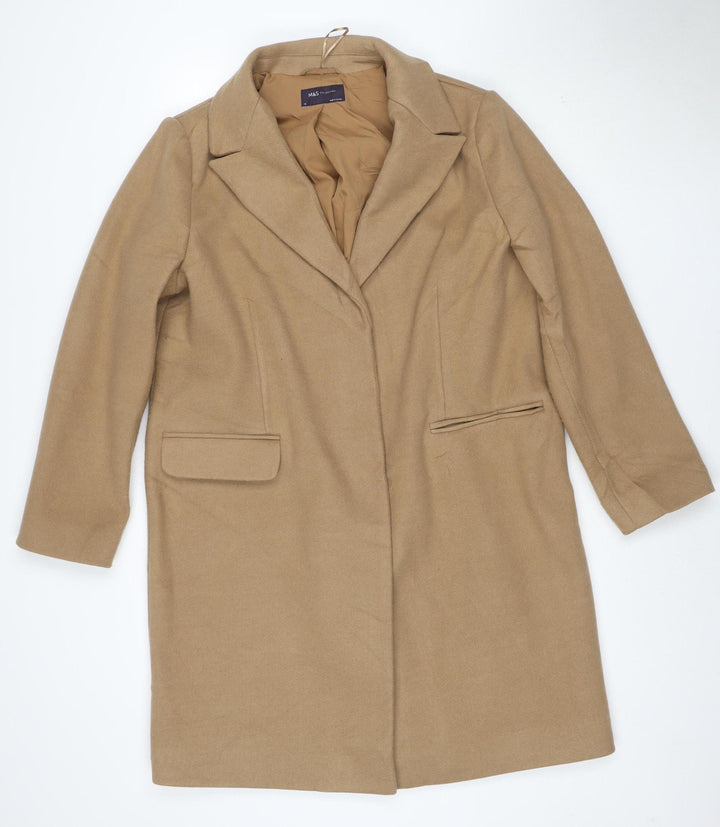 Marks and Spencer Women Beige Size 16 Long Coat Lined Wool Blend Classic Style