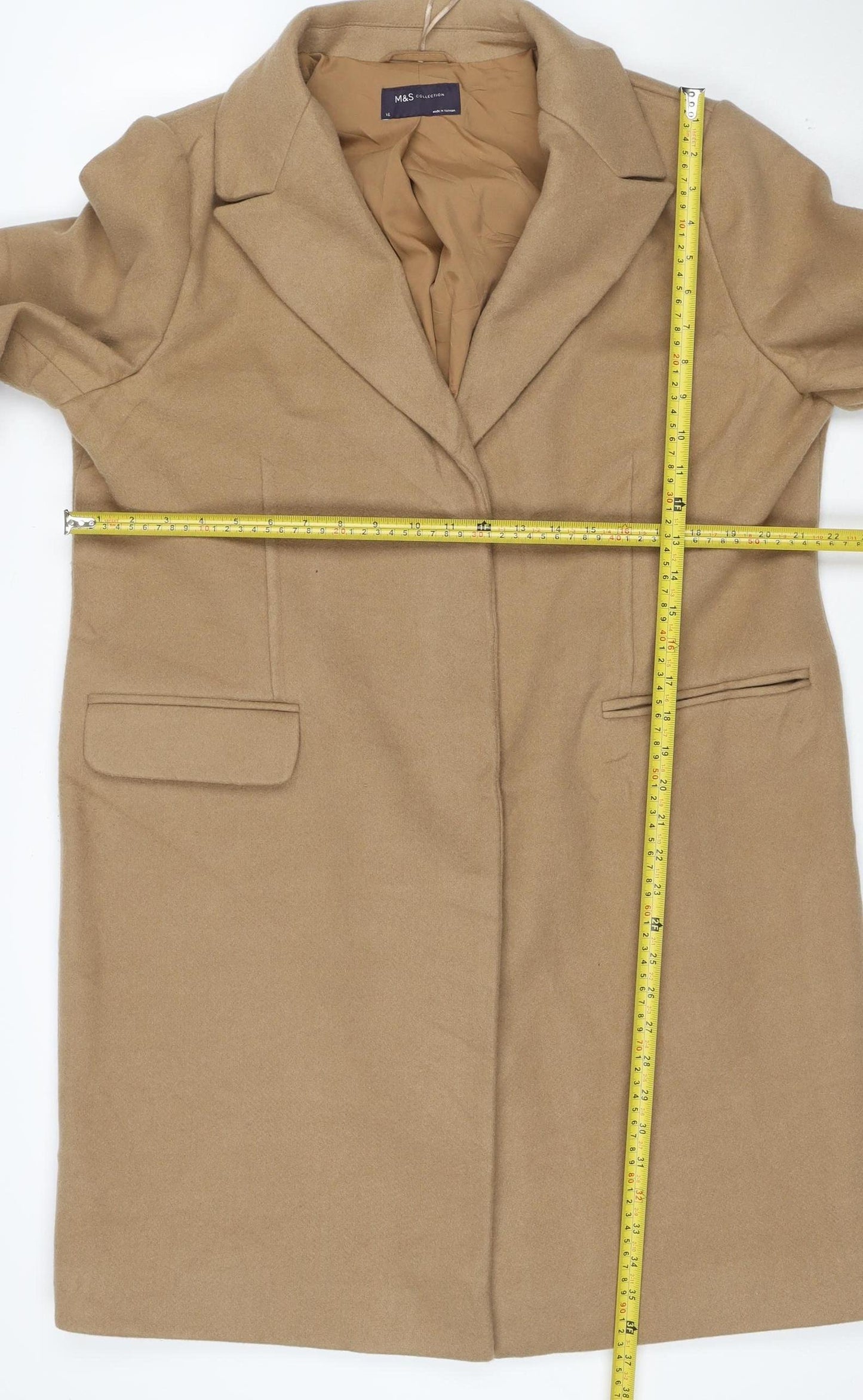 Marks and Spencer Women Beige Size 16 Long Coat Lined Wool Blend Classic Style