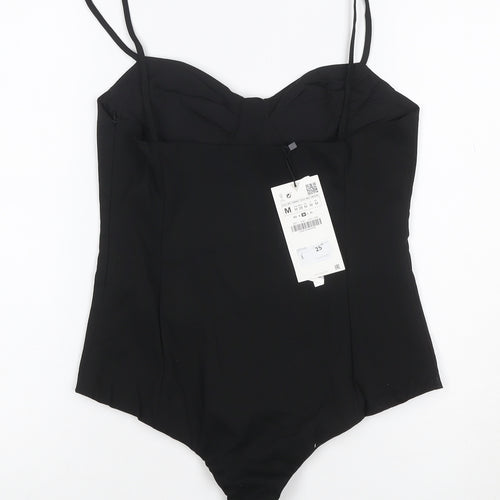 ZARA Women Black Bodysuit Jumpsuit Size 12 Satin Finish