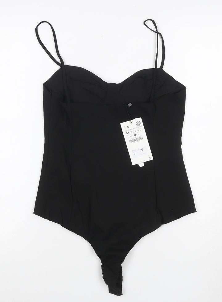 ZARA Women Black Bodysuit Jumpsuit Size 12 Satin Finish