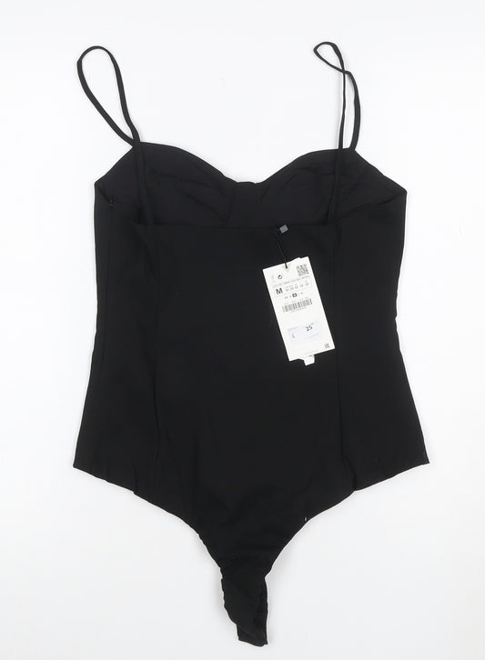 ZARA Women Black Bodysuit Jumpsuit Size 12 Satin Finish