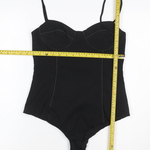 ZARA Women Black Bodysuit Jumpsuit Size 12 Satin Finish