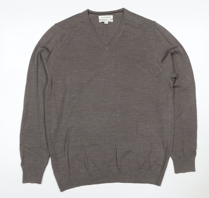 Marks and Spencer Men's Brown Merino Wool V-Neck Jumper L