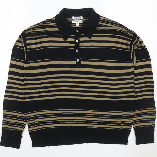 Jaeger Mens Black Striped Collared Merino Wool Henley Jumper M
