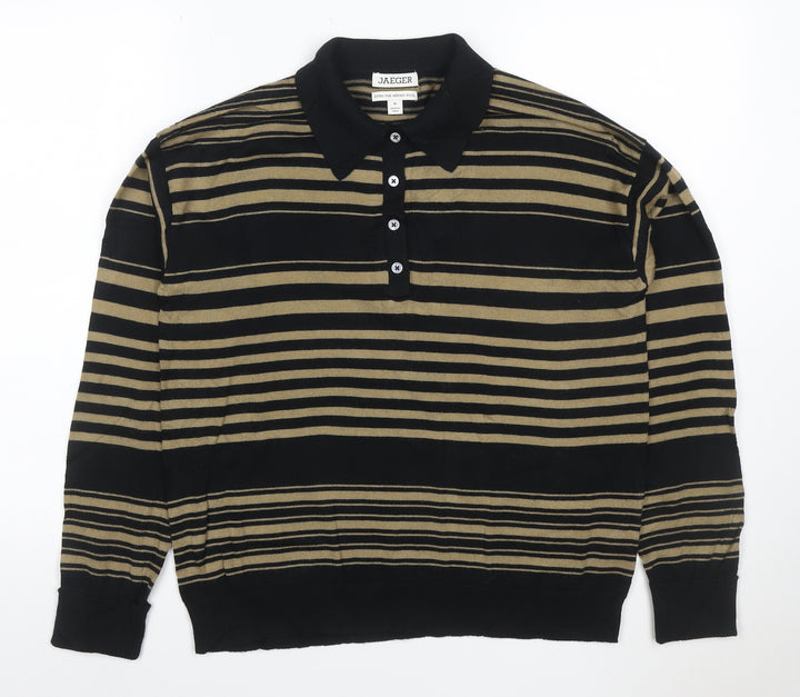 Jaeger Mens Black Striped Collared Merino Wool Henley Jumper M