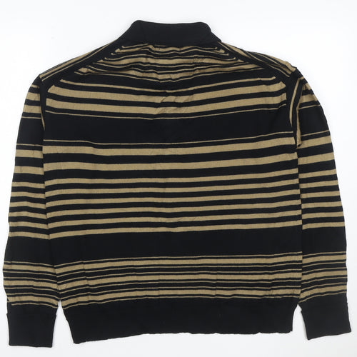 Jaeger Mens Black Striped Collared Merino Wool Henley Jumper M