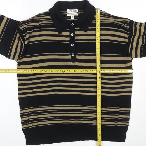 Jaeger Mens Black Striped Collared Merino Wool Henley Jumper M
