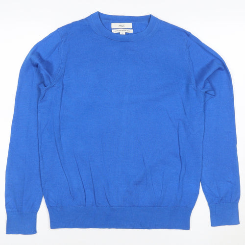 Marks and Spencer Women's Blue Merino Wool Crew Neck Jumper Size 10