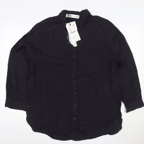 Zara Men's Black Linen Long Sleeve Button-Up Shirt Size S