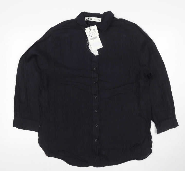 Zara Men's Black Linen Long Sleeve Button-Up Shirt Size S